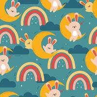 seamless pattern cartoon bunny and sky element. cute animal wallpaper for textile, gift wrap paper vector