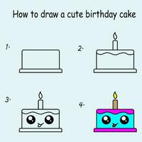 Step by step to draw a Cute Cake. Drawing tutorial a Cute Cake. Drawing lesson for children. Vector illustration