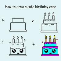 Step by step to draw a Cute Cake. Drawing tutorial a Cute Cake. Drawing lesson for children. Vector illustration