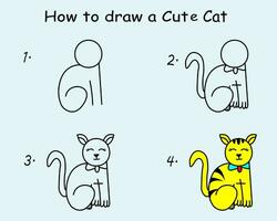 Step by step to draw a Cute Cat. Drawing tutorial a Cute Cat. Drawing lesson for children. Vector illustration