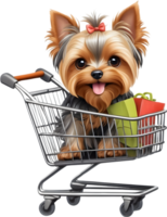 cute cartoon dog in shopping cart ai generative png