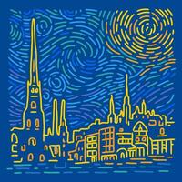 Glowing yellow stars and blue sky with city. Abstract linear background. Vector pattern in the style of impressionist paintings.