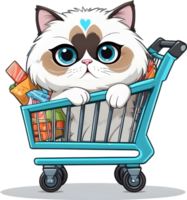 cartoon cute cat in shopping cart ai generative png