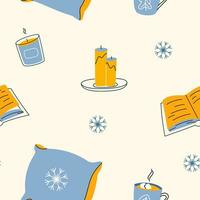 Cozy winter seamless pattern with pillows, candles, hot drink and a book. Modern doodle hand drawn background, vector print design.