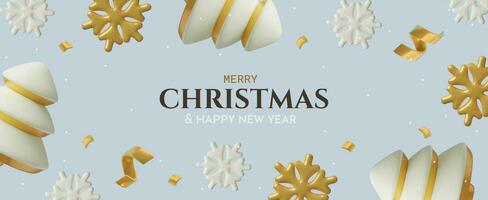 Christmas background with 3D realistic white winter pine trees, snowflakes and golden confetti vector