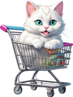 desenho animado branco gato dentro compras carrinho, transparente fundo ai generativo png