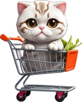 desenho animado branco gato dentro compras carrinho, transparente fundo ai generativo png