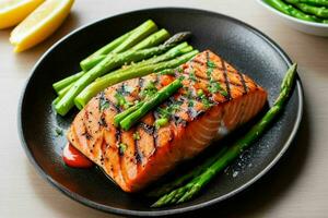 Grilled salmon fillet with asparagus. AI Generative Pro Photo