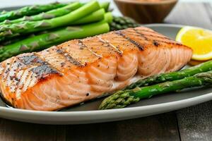 Grilled salmon fillet with asparagus. AI Generative Pro Photo