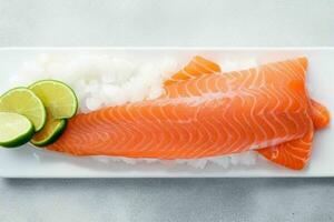 Fresh raw salmon fillet over ice. AI Generative Pro Photo