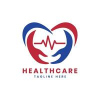 Healthcare logo for cardiology with heart rate and hand design concept vector