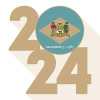 2024 long shadow banner with Delaware state flag inside. Vector illustration.