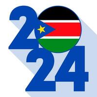 Happy New Year 2024, long shadow banner with South Sudan flag inside. Vector illustration.