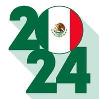 Happy New Year 2024, long shadow banner with Mexico flag inside. Vector illustration.