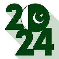 Happy New Year 2024, long shadow banner with Pakistan flag inside. Vector illustration.