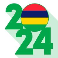 Happy New Year 2024, long shadow banner with Mauritius flag inside. Vector illustration.