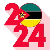 Happy New Year 2024, long shadow banner with Mozambique flag inside. Vector illustration.