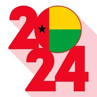 Happy New Year 2024, long shadow banner with Guinea Bissau flag inside. Vector illustration.