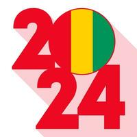 Happy New Year 2024, long shadow banner with Guinea flag inside. Vector illustration.