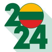 Happy New Year 2024, long shadow banner with Lithuania flag inside. Vector illustration.