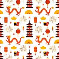 Happy Chinese New Year 2024 Seamless Pattern Design. Translation  Year of the Dragon. with Lantern, Dragons and China Elements in Flat Illustration vector