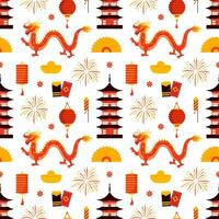 Happy Chinese New Year 2024 Seamless Pattern Design. Translation  Year of the Dragon. with Lantern, Dragons and China Elements in Flat Illustration vector