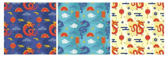 Happy Chinese New Year 2024 Seamless Pattern Design. Translation  Year of the Dragon. with Lantern, Dragons and China Elements in Flat Illustration vector