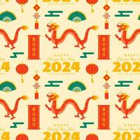 contento chino nuevo año 2024 sin costura modelo diseño. Traducción año de el continuar. con linterna, dragones y China elementos en plano ilustración vector