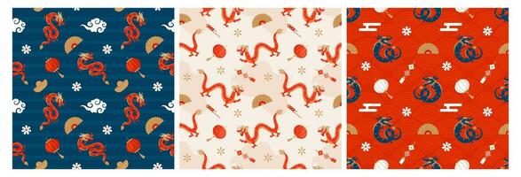 Happy Chinese New Year 2024 Seamless Pattern Design. Translation  Year of the Dragon. with Lantern, Dragons and China Elements in Flat Illustration vector