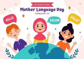 internacional madre idioma día vector ilustración en febrero 21 con mamá dice Hola en varios mundo idiomas en plano niños dibujos animados antecedentes