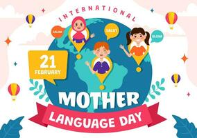 internacional madre idioma día vector ilustración en febrero 21 con mamá dice Hola en varios mundo idiomas en plano niños dibujos animados antecedentes