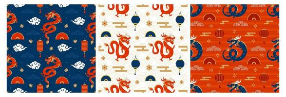 Happy Chinese New Year 2024 Seamless Pattern Design. Translation Year of the Dragon. with Lantern, Dragons and China Elements in Flat Illustration vector