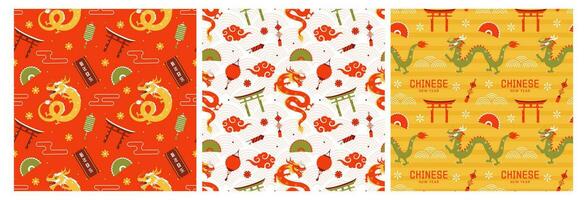 Happy Chinese New Year 2024 Seamless Pattern Design. Translation Year of the Dragon. with Lantern, Dragons and China Elements in Flat Illustration vector