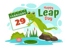 contento salto día vector ilustración en 29 febrero con saltando ranas y estanque antecedentes en fiesta celebracion plano dibujos animados diseño
