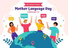 International Mother Language Day Vector Illustration on February 21 with Mom Says Hello in Several World Languages in Flat Kids Cartoon Background