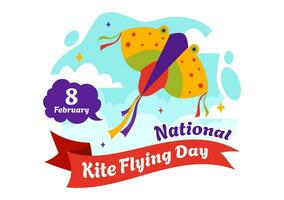 National Kite Flying Day Vector Illustration on February 8 of Sunny Sky Background in Summer Leisure Activity in Flat Cartoon Background Design