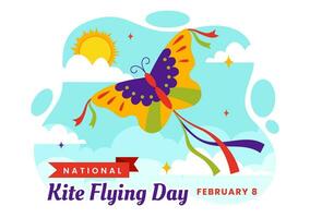 National Kite Flying Day Vector Illustration on February 8 of Sunny Sky Background in Summer Leisure Activity in Flat Cartoon Background Design