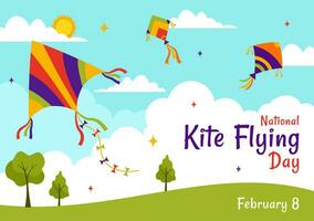 National Kite Flying Day Vector Illustration on February 8 of Sunny Sky Background in Summer Leisure Activity in Flat Cartoon Background Design