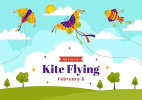 National Kite Flying Day Vector Illustration on February 8 of Sunny Sky Background in Summer Leisure Activity in Flat Cartoon Background Design