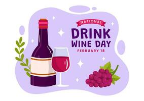 nacional bebida vino día vector ilustración en febrero 18 con vaso de uvas y botella en plano dibujos animados púrpura antecedentes diseño