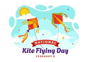 National Kite Flying Day Vector Illustration on February 8 of Sunny Sky Background in Summer Leisure Activity in Flat Cartoon Background Design