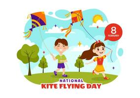 National Kite Flying Day Vector Illustration on February 8 of Sunny Sky Background in Summer Leisure Activity in Flat Cartoon Background Design