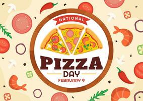 nacional Pizza día vector ilustración en febrero 9 9 con varios coberturas en cada rebanada para póster o bandera en plano dibujos animados antecedentes diseño