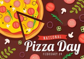 nacional Pizza día vector ilustración en febrero 9 9 con varios coberturas en cada rebanada para póster o bandera en plano dibujos animados antecedentes diseño