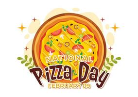 nacional Pizza día vector ilustración en febrero 9 9 con varios coberturas en cada rebanada para póster o bandera en plano dibujos animados antecedentes diseño