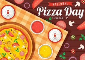 nacional Pizza día vector ilustración en febrero 9 9 con varios coberturas en cada rebanada para póster o bandera en plano dibujos animados antecedentes diseño