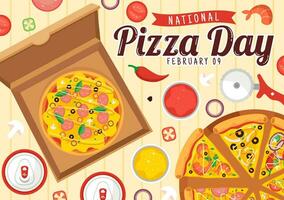 nacional Pizza día vector ilustración en febrero 9 9 con varios coberturas en cada rebanada para póster o bandera en plano dibujos animados antecedentes diseño