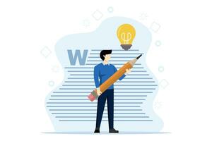 Copywriting concept, journalism, writing, copyright idea. successful man with pencil writing or editing text. Vector illustration in flat design on white background.