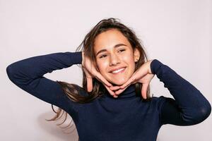 Photo of positive young nice woman in yellow knee-high