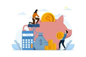 investment concept, growth, investor, financial investment, savings wallet, banking, piggy bank, Characters analyzing investment, celebrating financial success and money growth. increase in money. vector